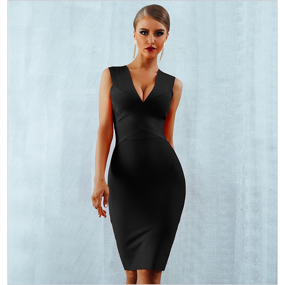 Bandage V Neck Bodycon Midi Dress Black